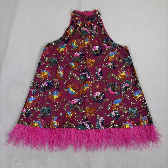 Amylynn Floral Sequined Mini Dress Size Large Pink w/Feather Trim Bnft Charity - Picture 3 of 12
